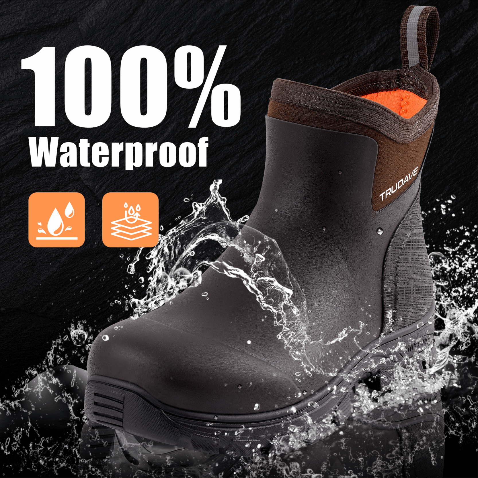 Side view of Trudave HuntGuard Series men’s brown waterproof ankle rubber rain boots showing 100 percent waterproof construction and durable outdoor design